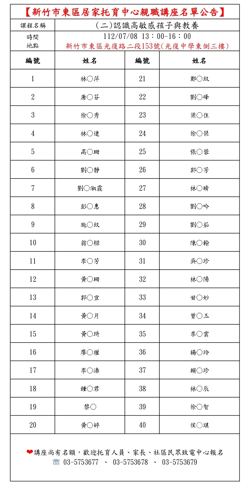 1120708東區中心親職講座名單公告